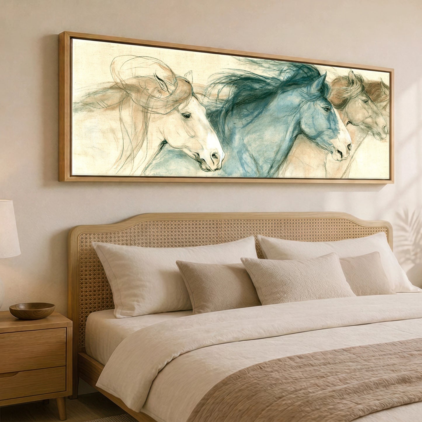 Windswept Equine Trio Horse Landscape panoramic canvas wall art displayed above a bed