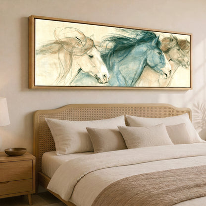 Windswept Equine Trio Horse Landscape panoramic canvas wall art displayed above a bed