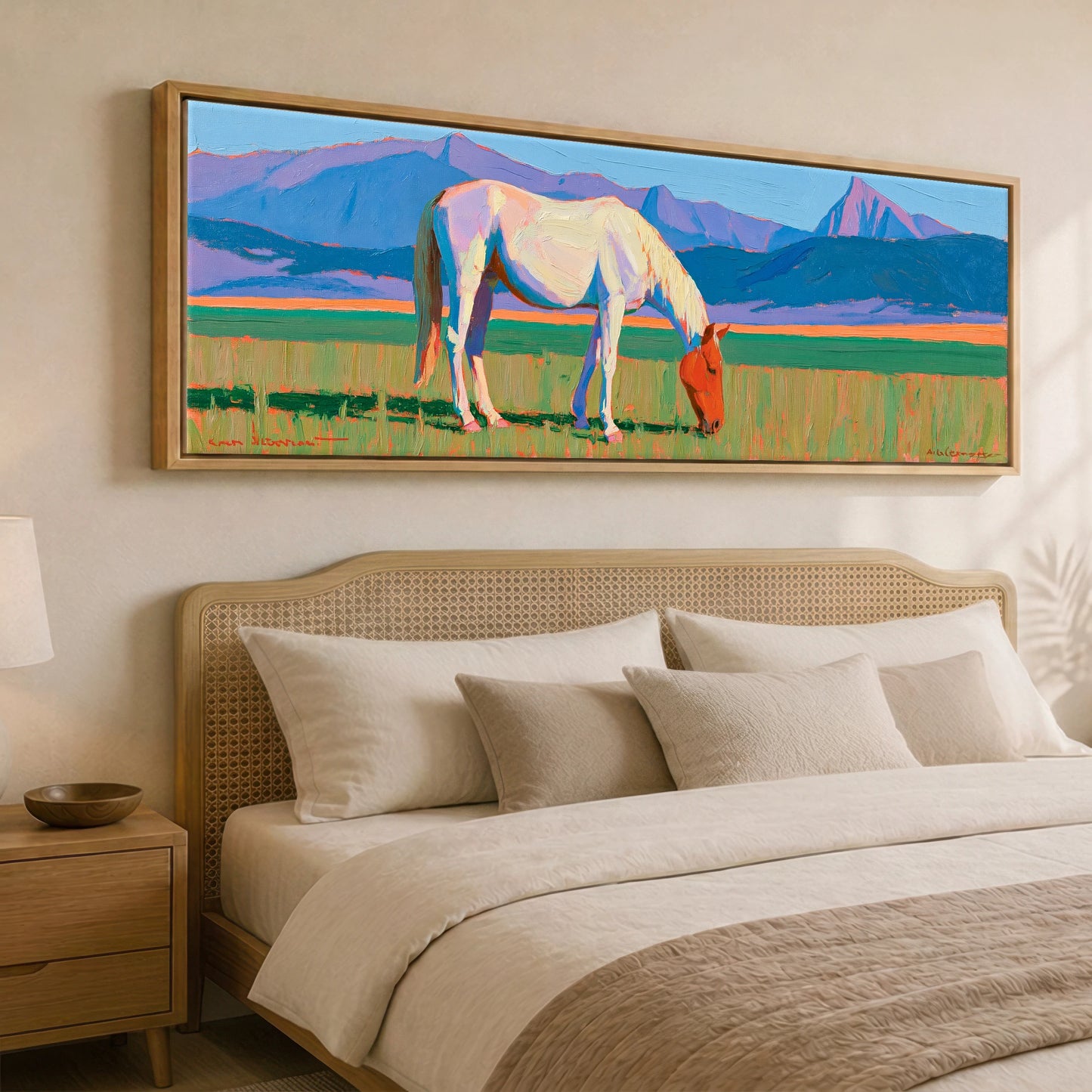 Vivid Mountain Pasture Horse Landscape panoramic canvas wall art displayed above a bed