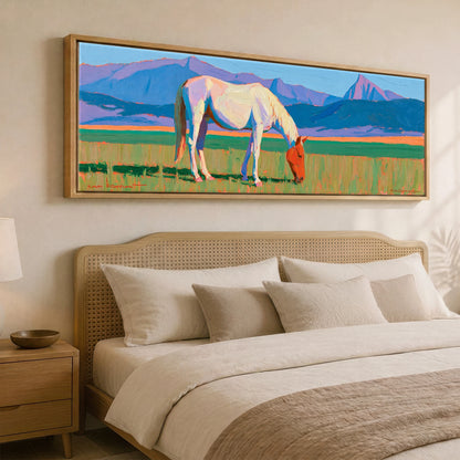 Vivid Mountain Pasture Horse Landscape panoramic canvas wall art displayed above a bed