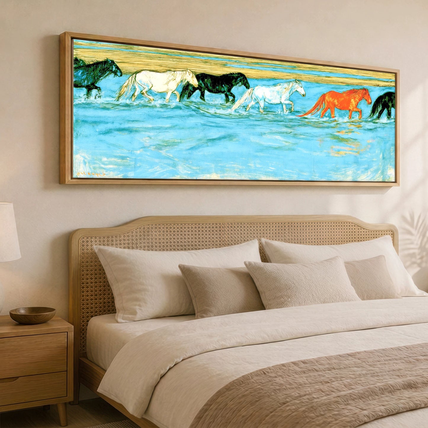 Painted Herd in Azure Horse Landscape panoramic canvas wall art displayed above a bed