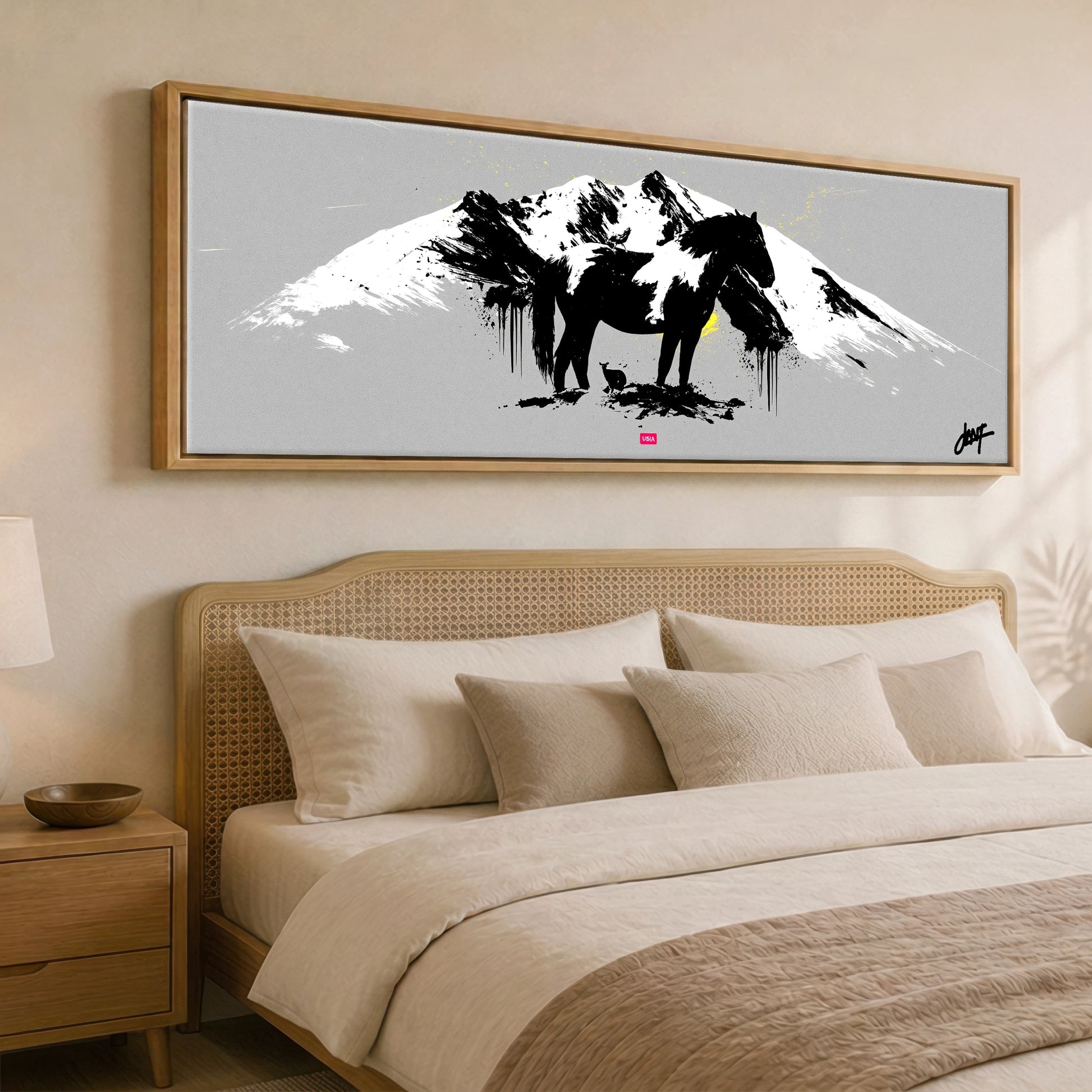 Bold Alpine Silhouette Horse Landscape panoramic canvas wall art displayed above a bed