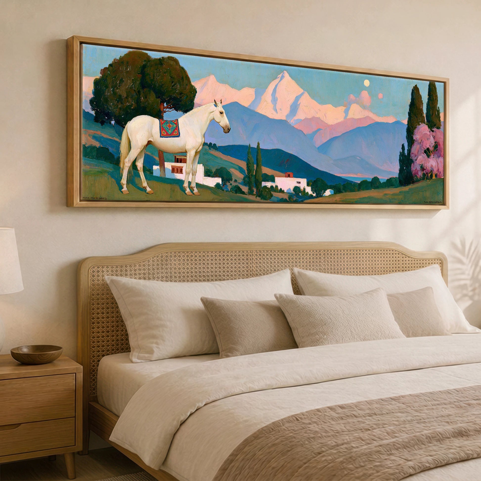 Valley of Dreams Horse Landscape panoramic canvas wall art displayed above a bed