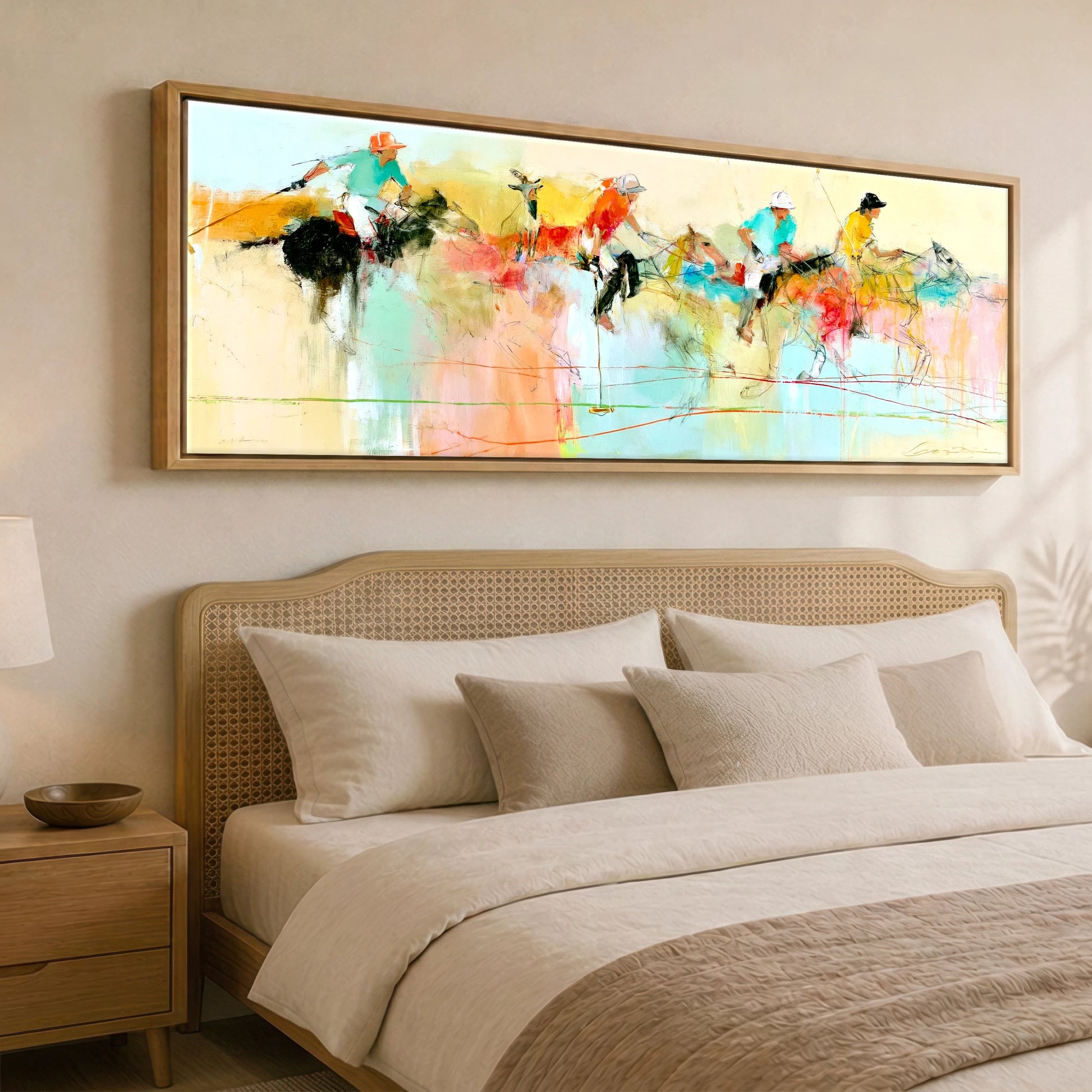 Vibrant Polo Pursuit Polo Horse panoramic canvas wall art displayed above a bed