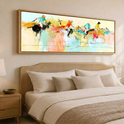 Vibrant Polo Pursuit Polo Horse panoramic canvas wall art displayed above a bed