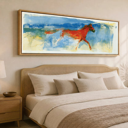 Cobalt and Crimson Canter Horse Landscape panoramic canvas wall art displayed above a bed
