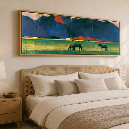 Vibrant Mountain Pasture Horse Landscape panoramic canvas wall art displayed above a bed