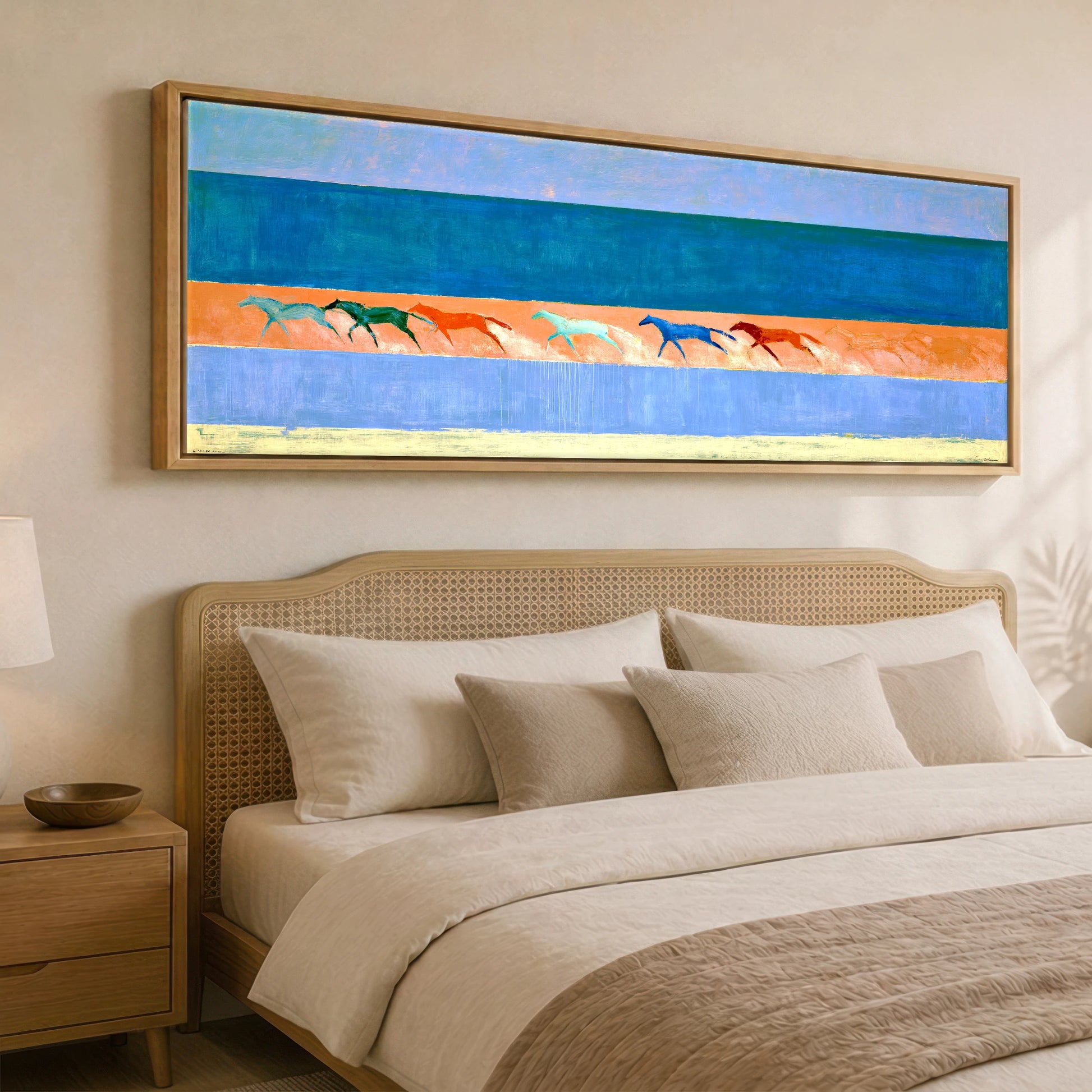 Rhythm of the Coast Beach Horse panoramic canvas wall art displayed above a bed