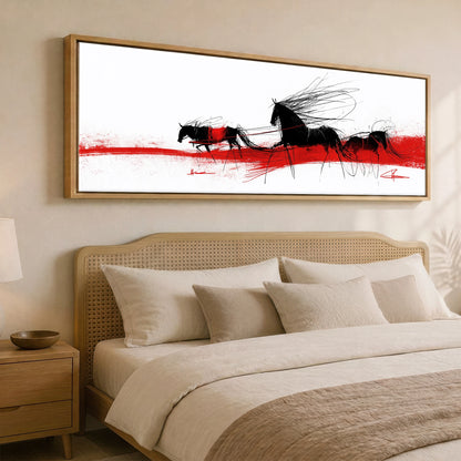 Crimson Traces Working Horse panoramic canvas wall art displayed above a bed