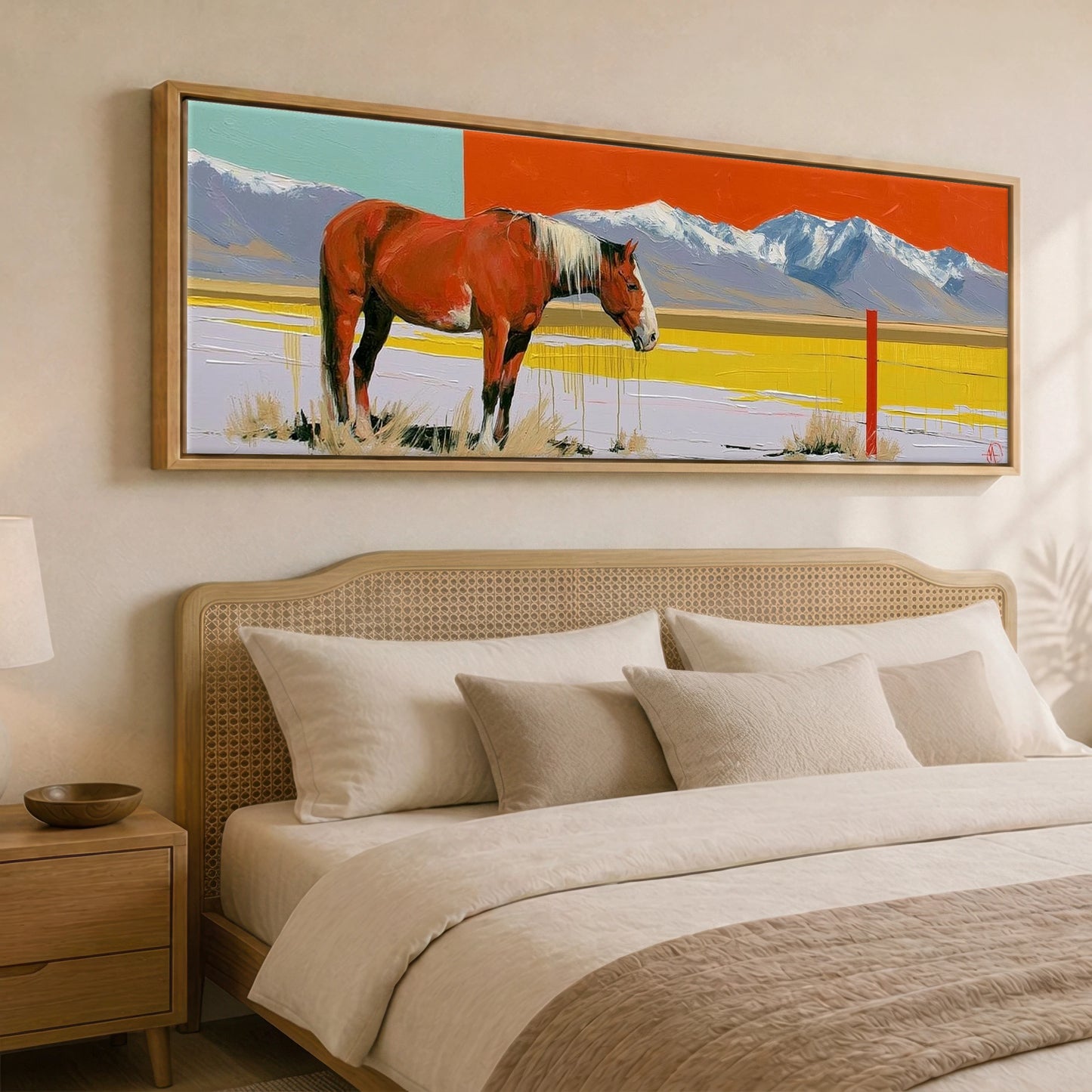 Painted High Country Horse Landscape panoramic canvas wall art displayed above a bed