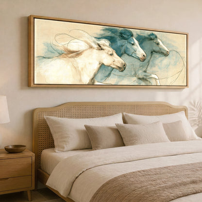 Azure Herd Study Horse Landscape panoramic canvas wall art displayed above a bed