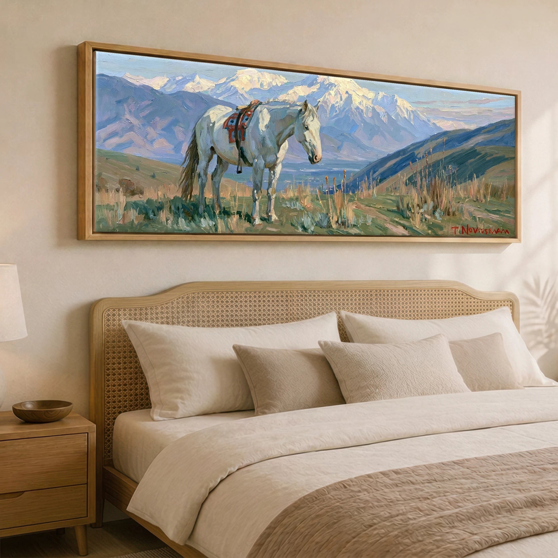 High Country Trail Horse Landscape panoramic canvas wall art displayed above a bed