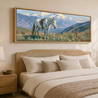 High Country Trail Horse Landscape panoramic canvas wall art displayed above a bed