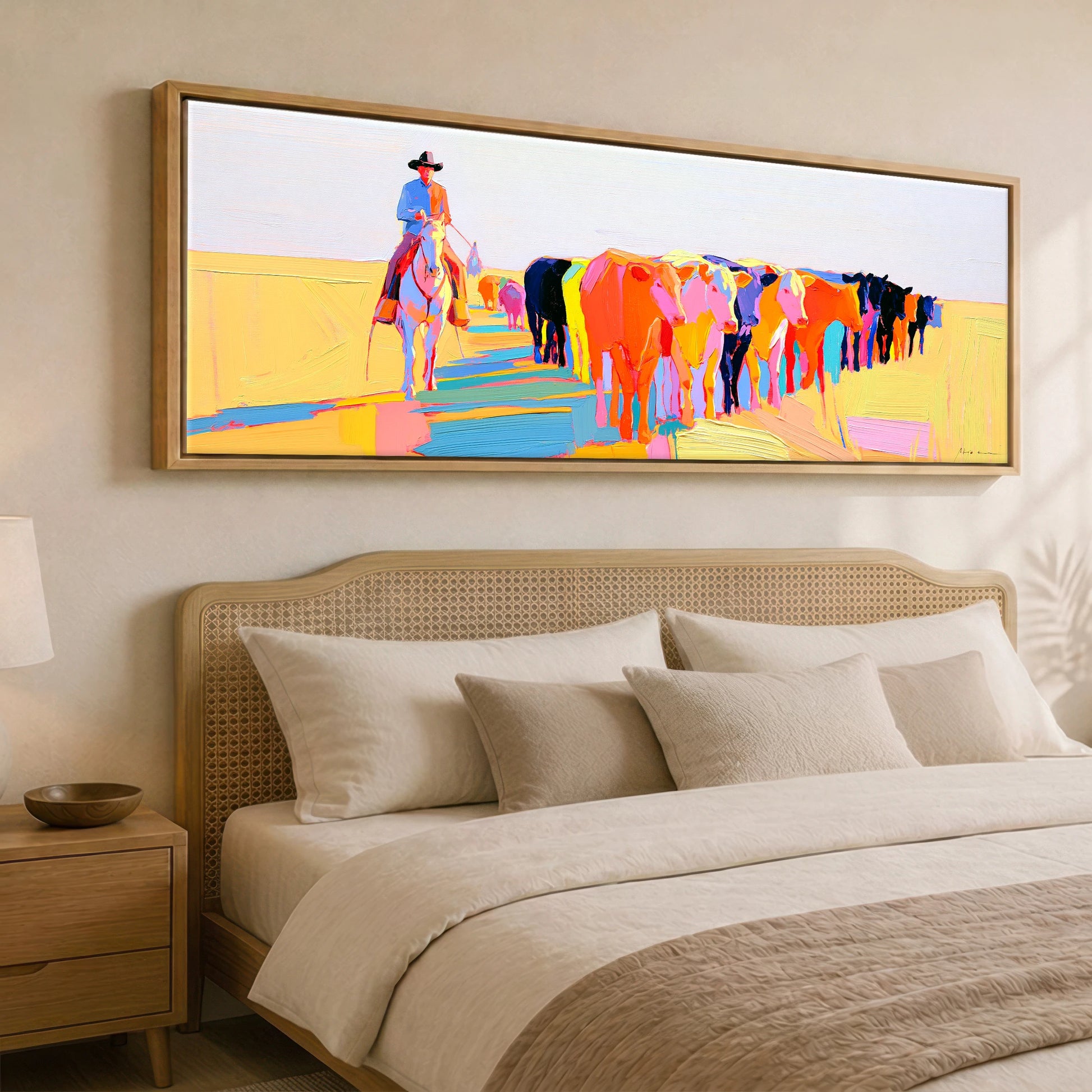 Vibrant Cattle Drive Western Horse panoramic canvas wall art displayed above a bed