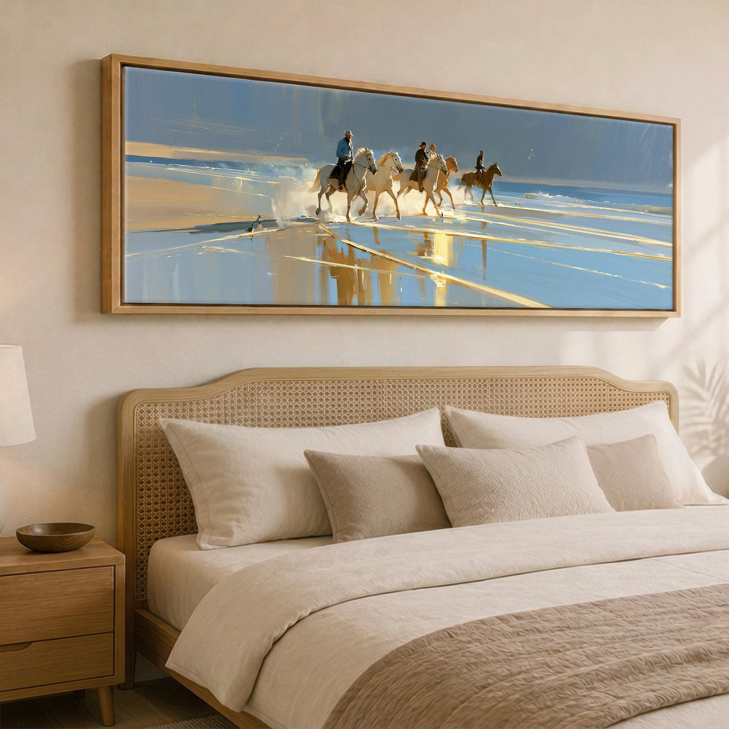 Sunlit Shoreline Ride Beach Horse panoramic canvas wall art displayed above a bed