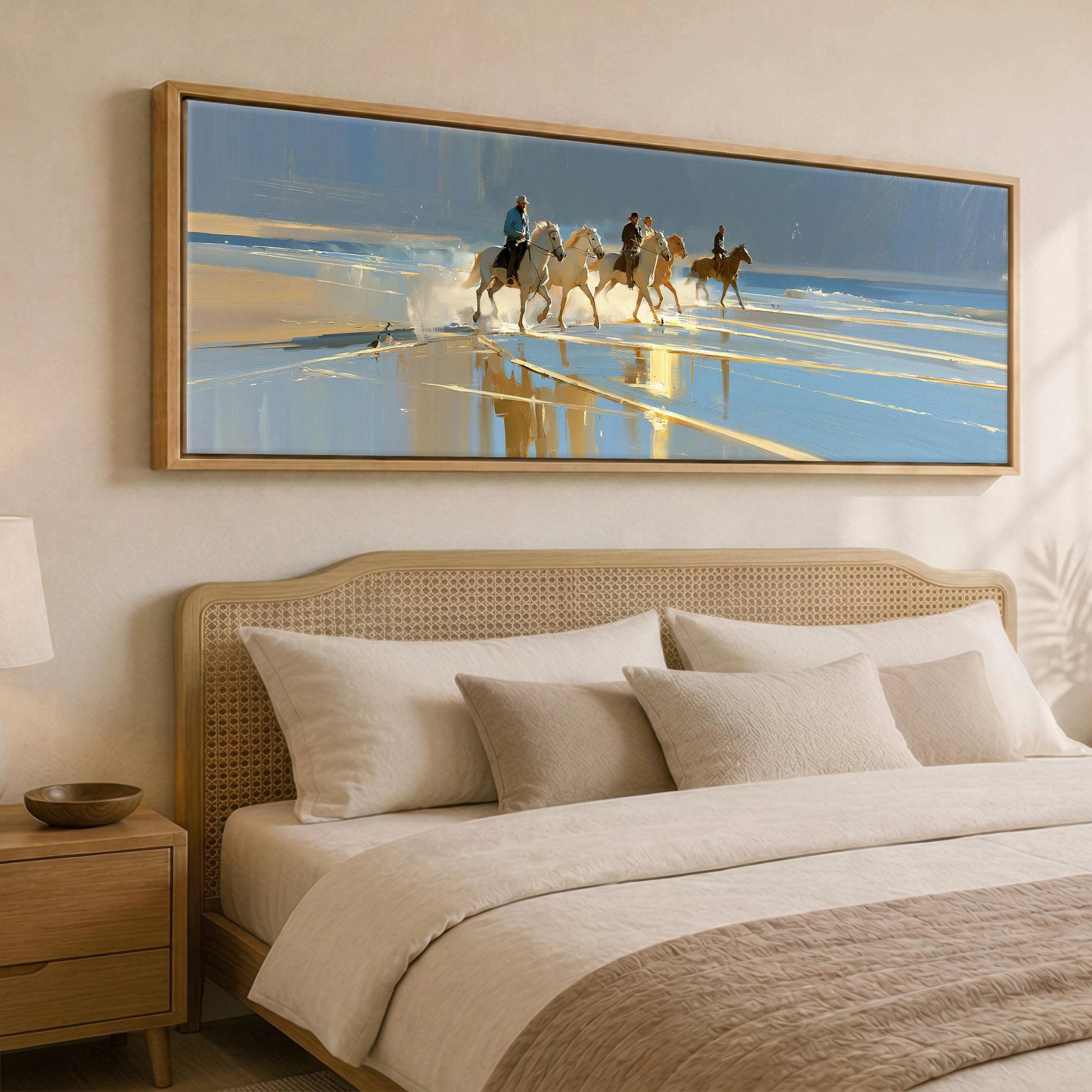 Sunlit Shoreline Ride Beach Horse panoramic canvas wall art displayed above a bed