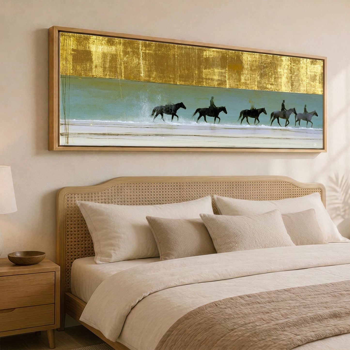 Gilded Shallows Beach Horse panoramic canvas wall art displayed above a bed