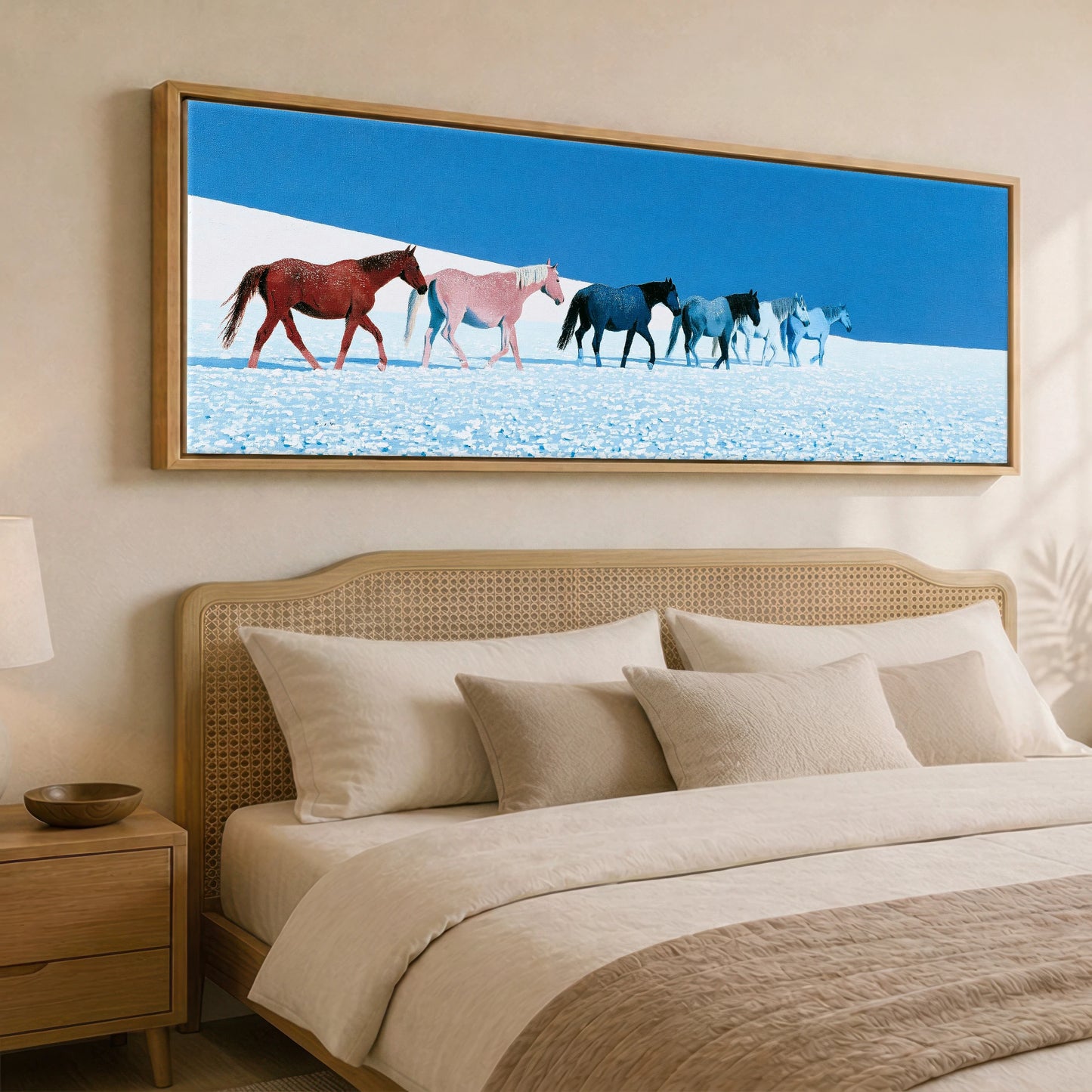 The Azure Procession Horse Landscape panoramic canvas wall art displayed above a bed