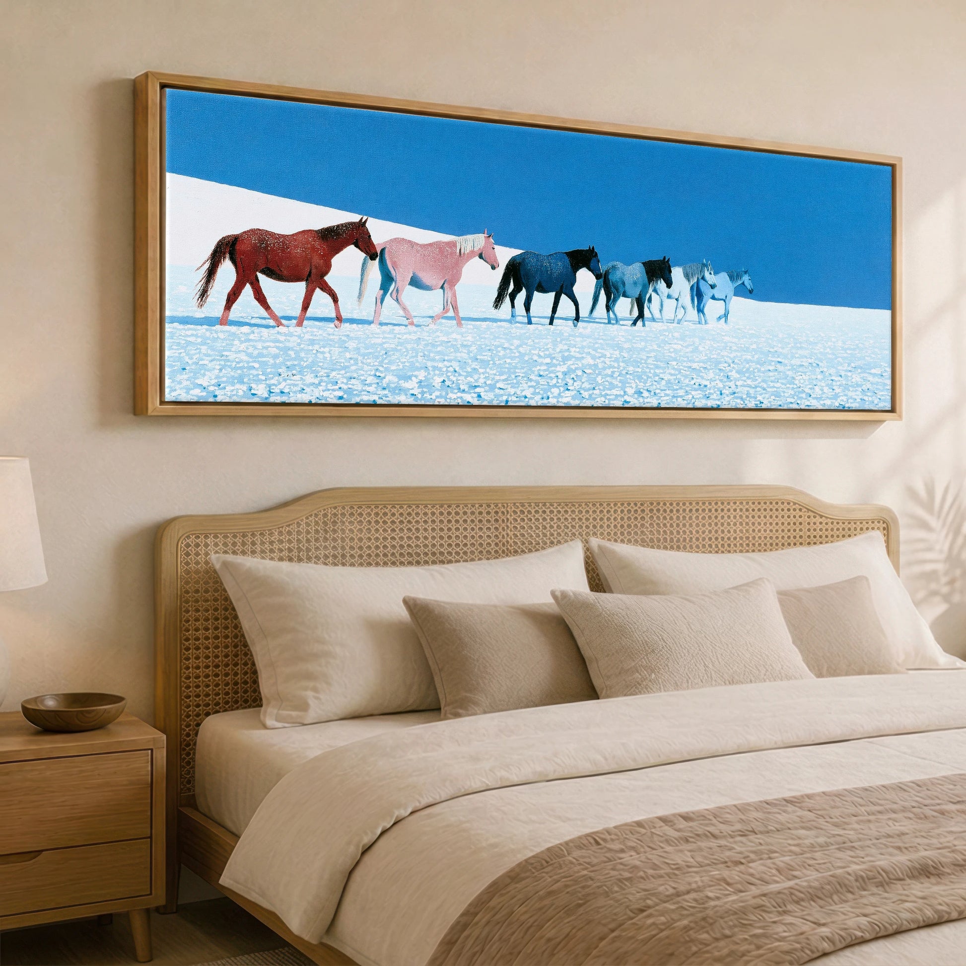 The Azure Procession Horse Landscape panoramic canvas wall art displayed above a bed