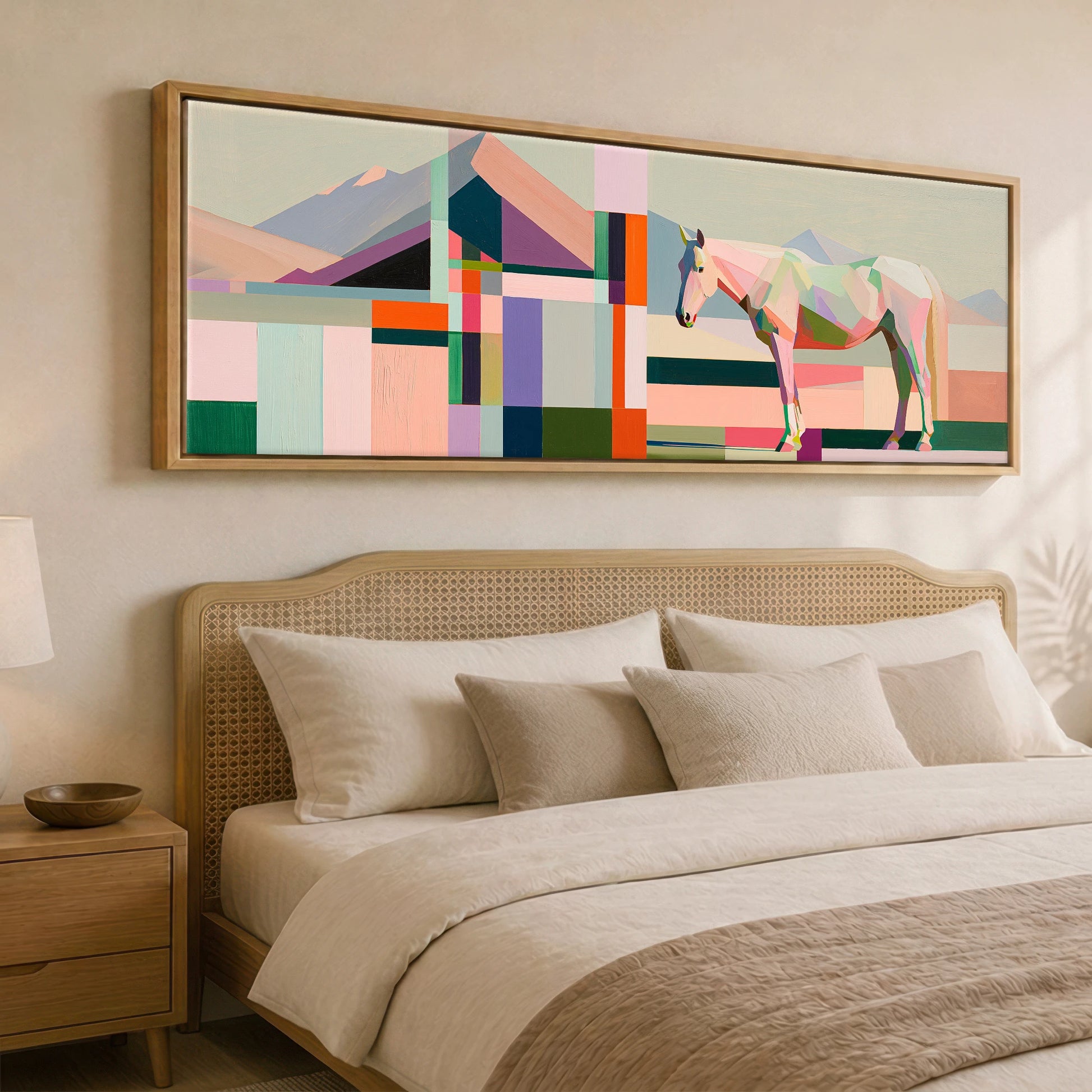 Faceted Equine Horizon Horse Landscape panoramic canvas wall art displayed above a bed