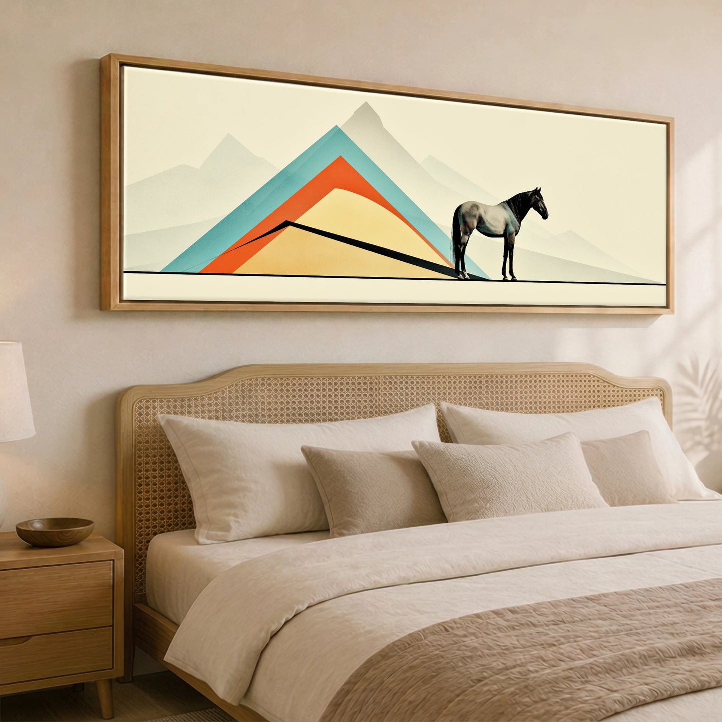 Geometric Equine Horizon Horse Landscape panoramic canvas wall art displayed above a bed