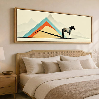 Geometric Equine Horizon Horse Landscape panoramic canvas wall art displayed above a bed