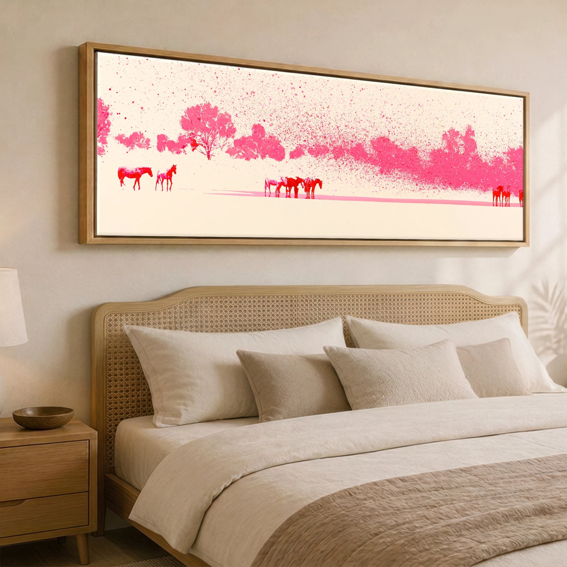 Crimson Mirage Wild Horses panoramic canvas wall art displayed above a bed