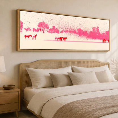 Crimson Mirage Wild Horses panoramic canvas wall art displayed above a bed
