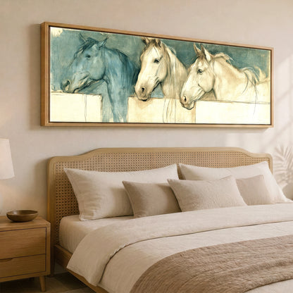 Over the Half Door Horse Stable panoramic canvas wall art displayed above a bed