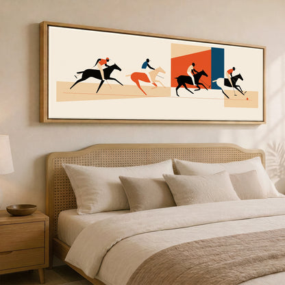 Retro Polo Pursuit Polo Horse panoramic canvas wall art displayed above a bed
