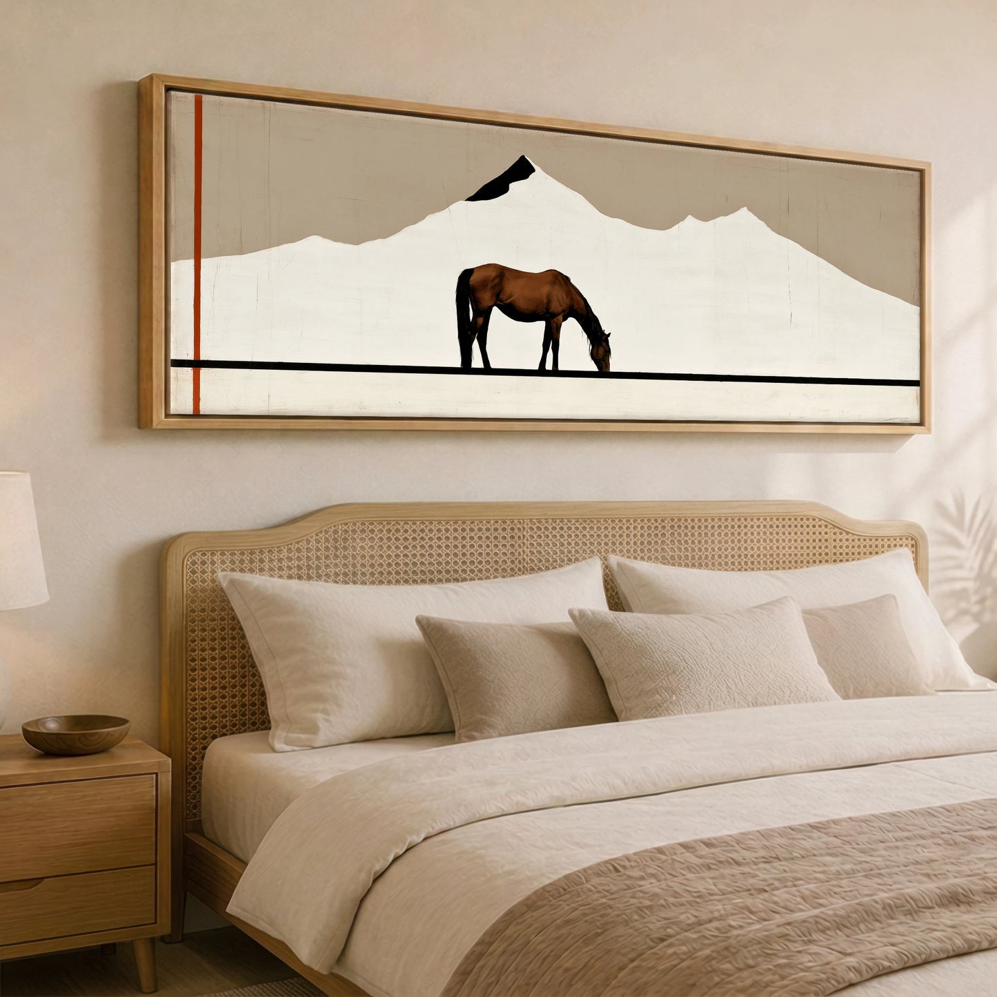 The Minimalist Pasture Horse Landscape panoramic canvas wall art displayed above a bed