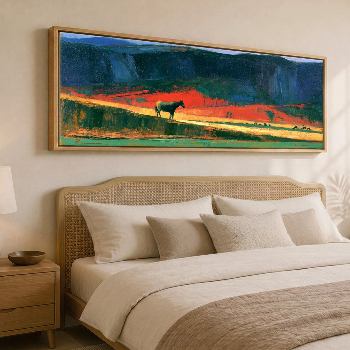 The Crimson Ridge Horse Landscape panoramic canvas wall art displayed above a bed
