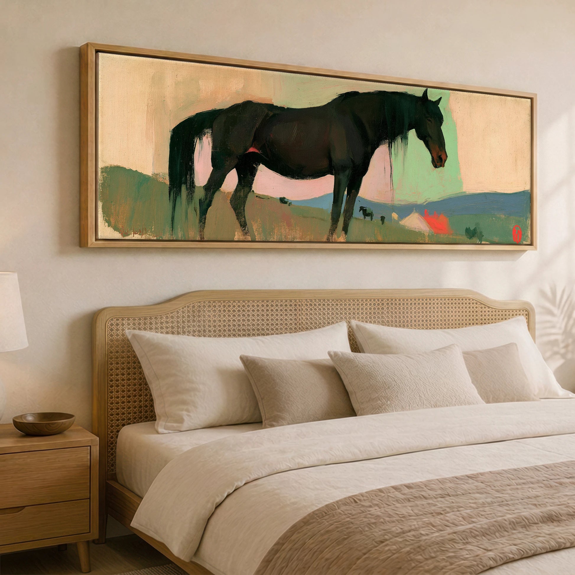 Dusk on the Ridge Horse Landscape panoramic canvas wall art displayed above a bed