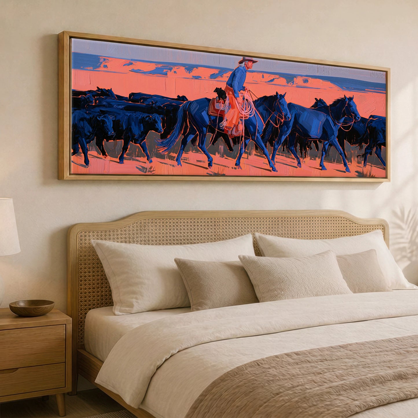 Desert Drover Western Horse panoramic canvas wall art displayed above a bed