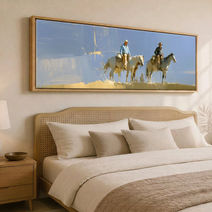 Sunlit Range Riders Horse & Rider panoramic canvas wall art displayed above a bed
