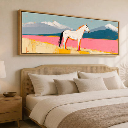 Vivid Equine Horizon Horse Landscape panoramic canvas wall art displayed above a bed