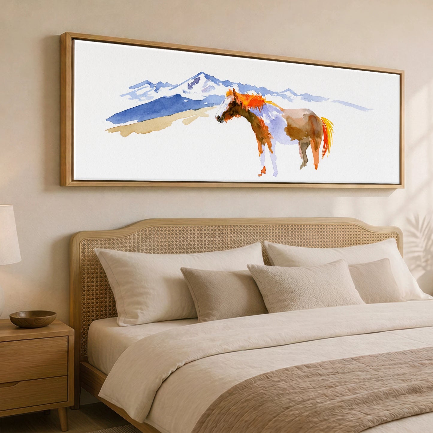 Spirit of the Ridge Horse Landscape panoramic canvas wall art displayed above a bed