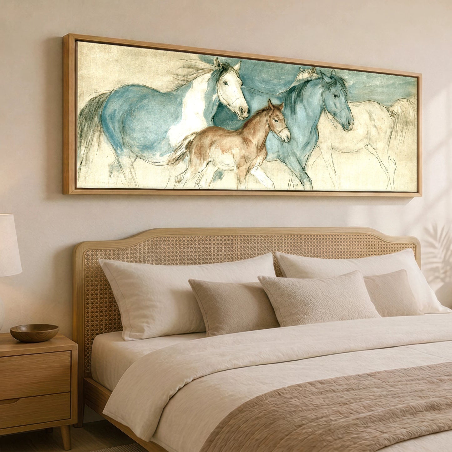 Teal and Parchment Herd Mare & Foal panoramic canvas wall art displayed above a bed