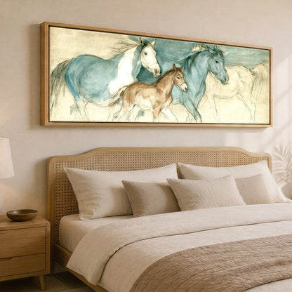 Teal and Parchment Herd Mare & Foal panoramic canvas wall art displayed above a bed
