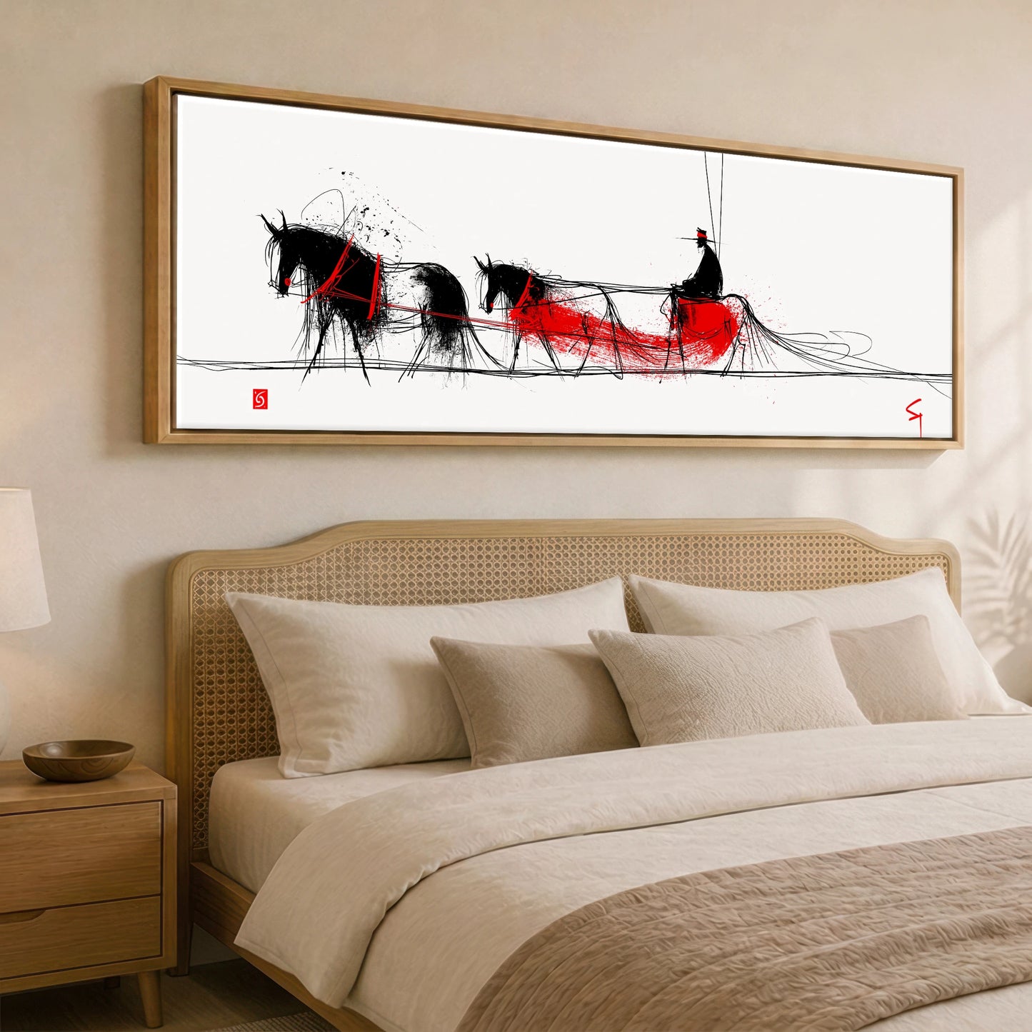 Crimson Ink Drive Working Horse panoramic canvas wall art displayed above a bed