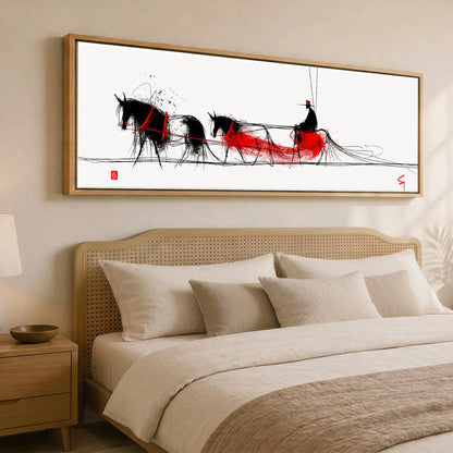 Crimson Ink Drive Working Horse panoramic canvas wall art displayed above a bed