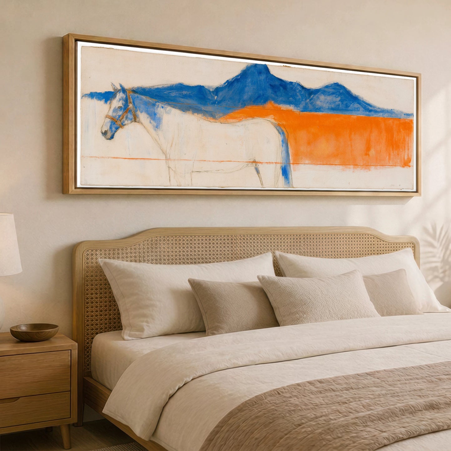 Abstract Ultramarine Horizon Horse Landscape panoramic canvas wall art displayed above a bed