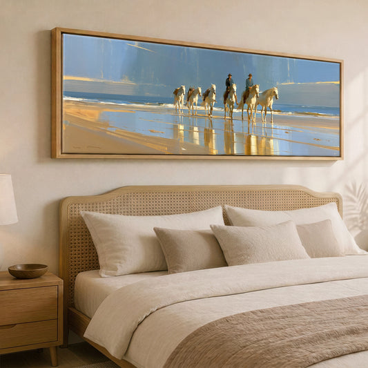 The Coastal String Horse Landscape panoramic canvas wall art displayed above a bed