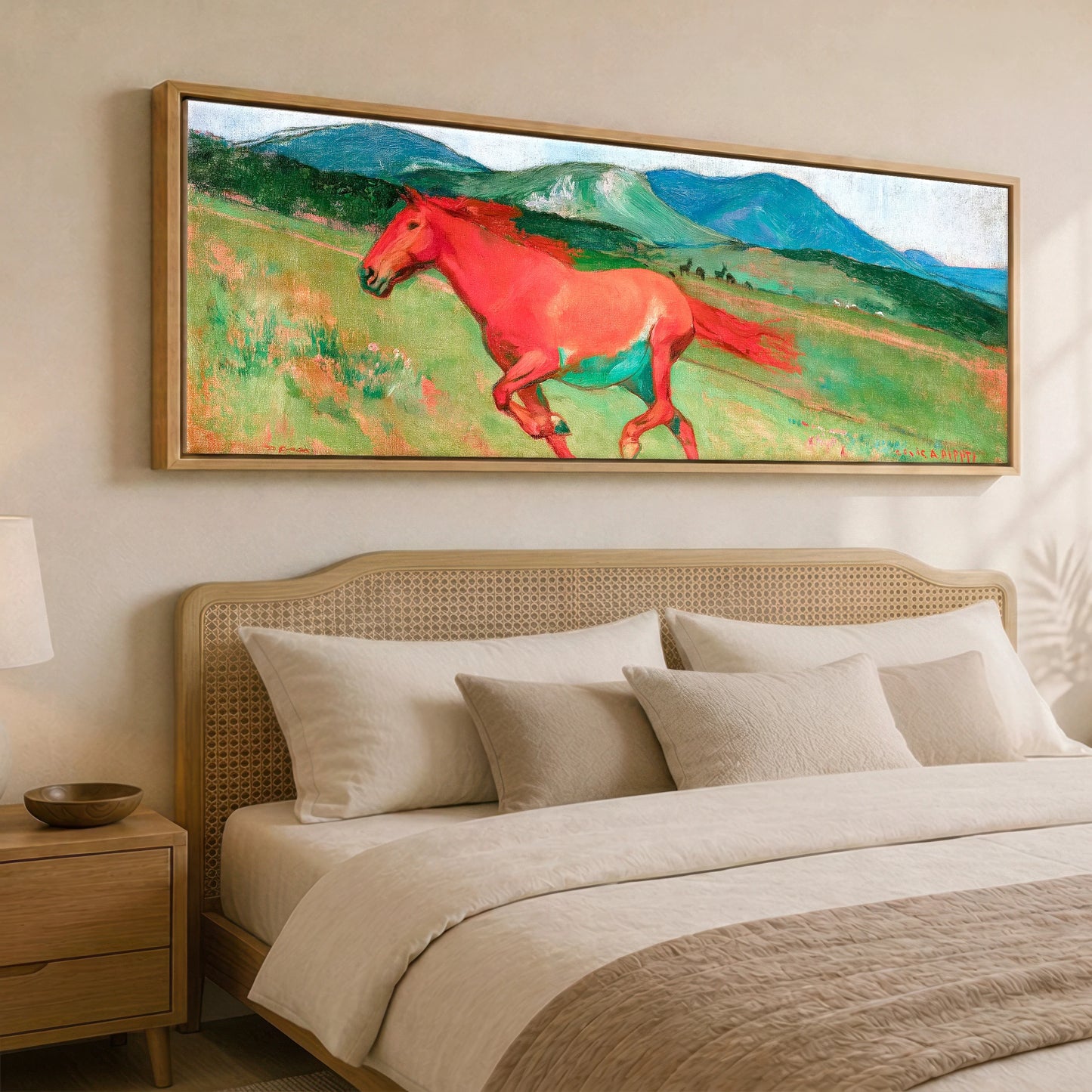 The Crimson Gallop Horse Landscape panoramic canvas wall art displayed above a bed