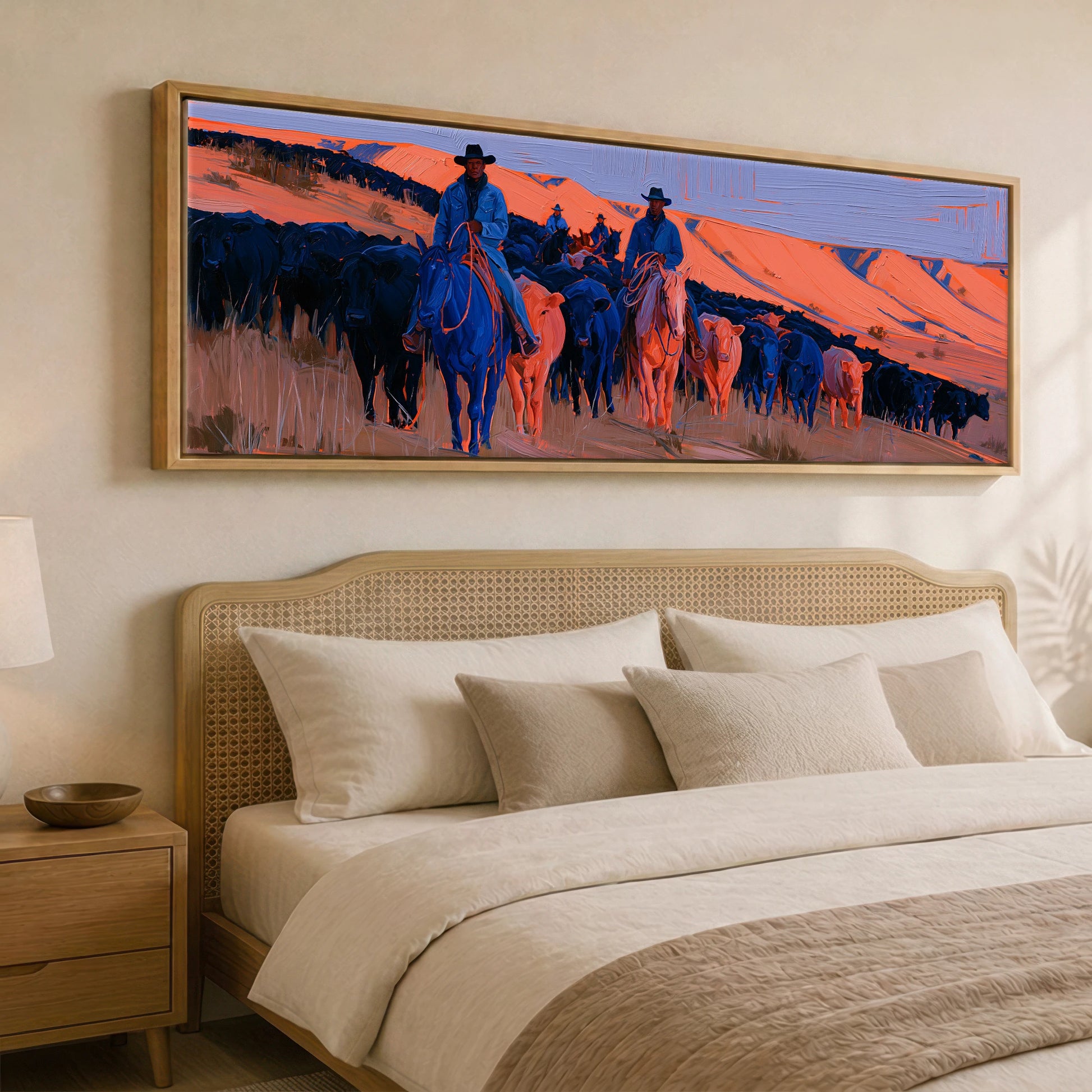 Indigo Western Trail Western Horse panoramic canvas wall art displayed above a bed