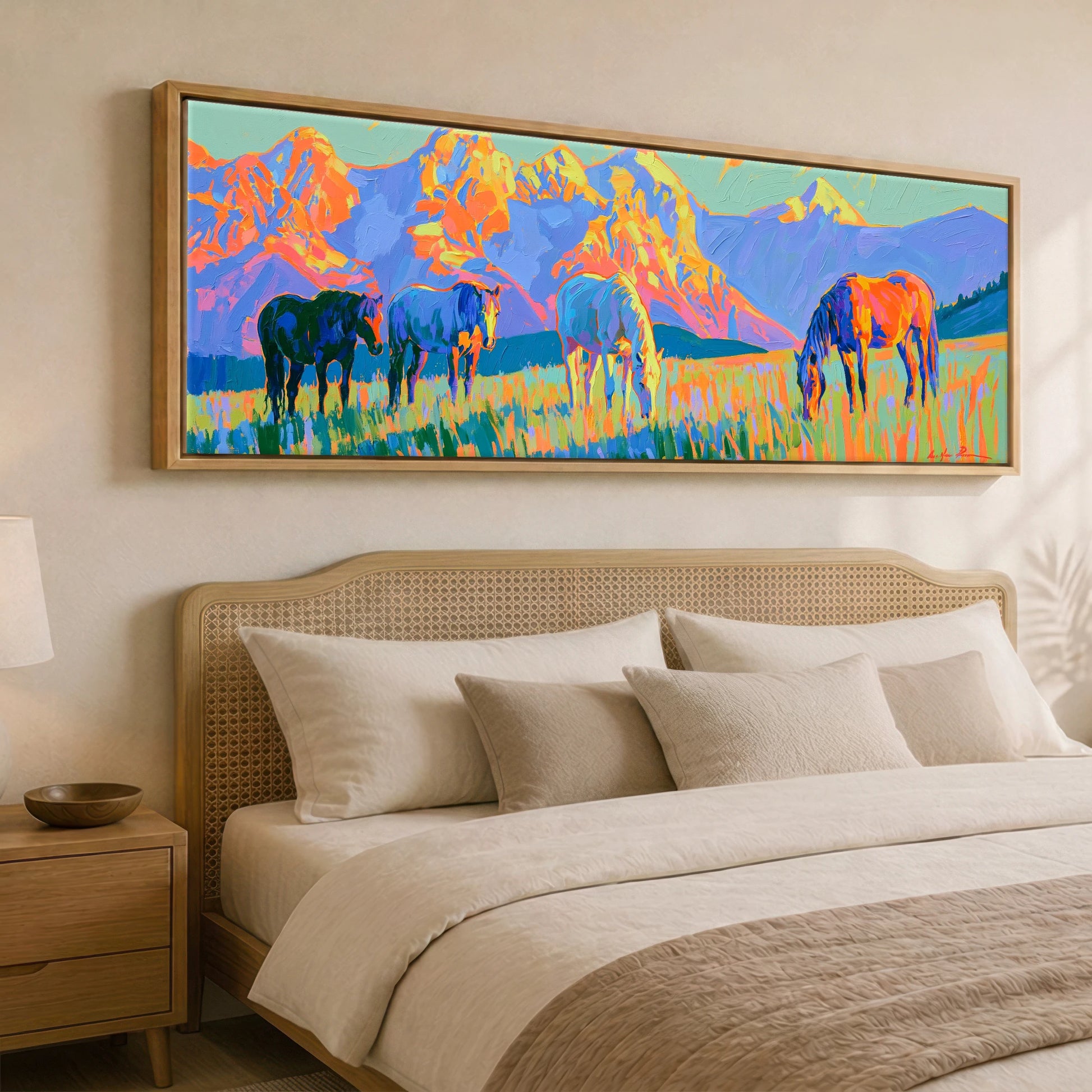 Painted Mountain Pasture Horse Landscape panoramic canvas wall art displayed above a bed