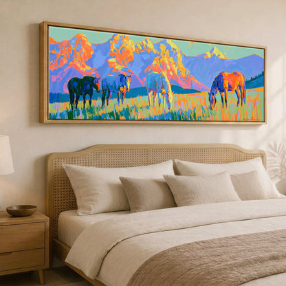 Painted Mountain Pasture Horse Landscape panoramic canvas wall art displayed above a bed