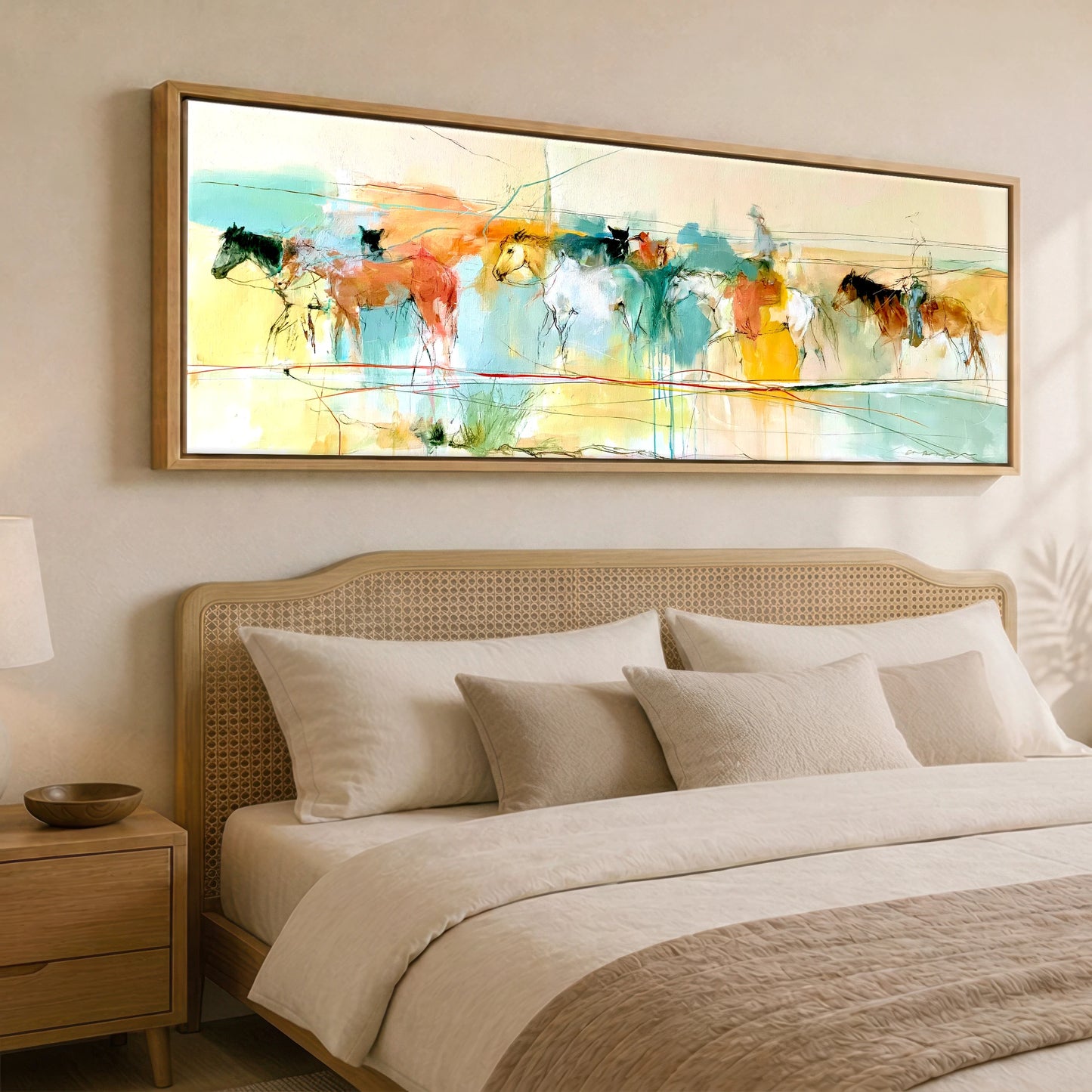 The Painted Trail Horse Landscape panoramic canvas wall art displayed above a bed