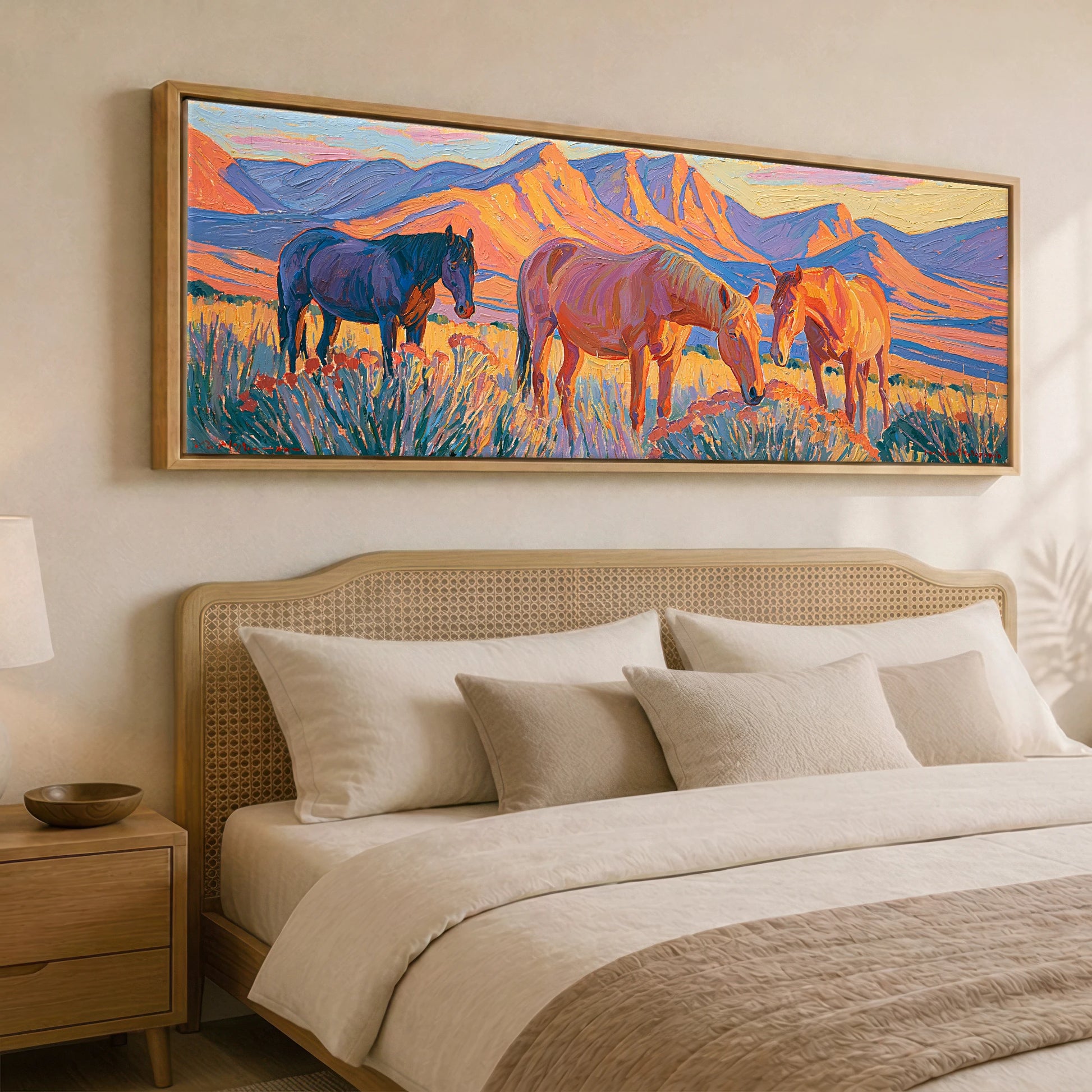 Vibrant Mountain Pasture Horse Landscape panoramic canvas wall art displayed above a bed