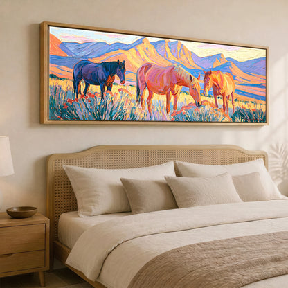 Vibrant Mountain Pasture Horse Landscape panoramic canvas wall art displayed above a bed